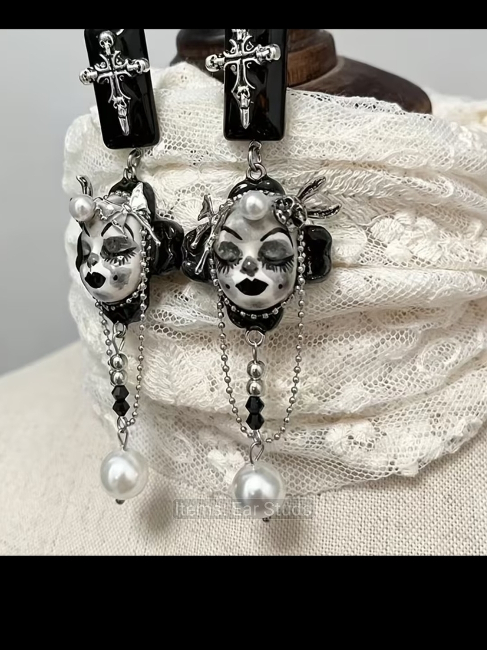 Hand-Painted Black & White Masquerade Face Drop Earrings